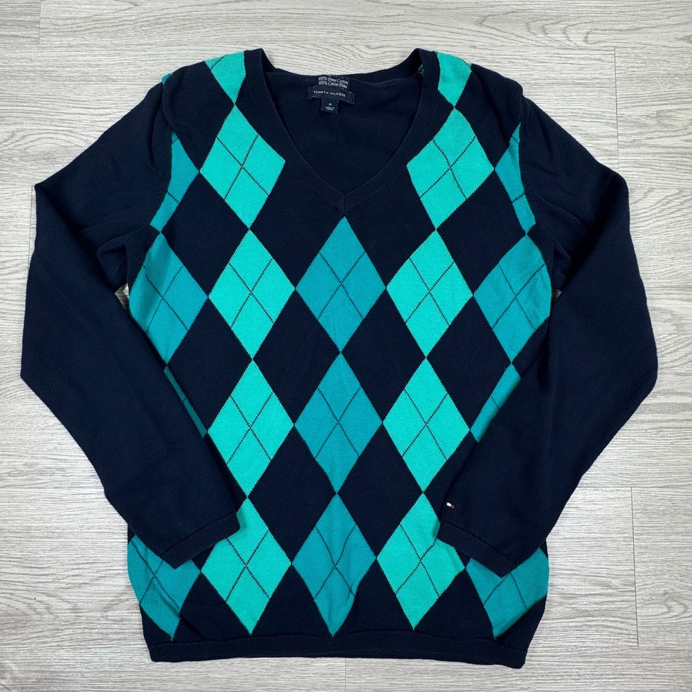 Tommy Hilfiger Men's Sweater V-Neck Argyle Navy Blue Teal Medium Pima Cotton